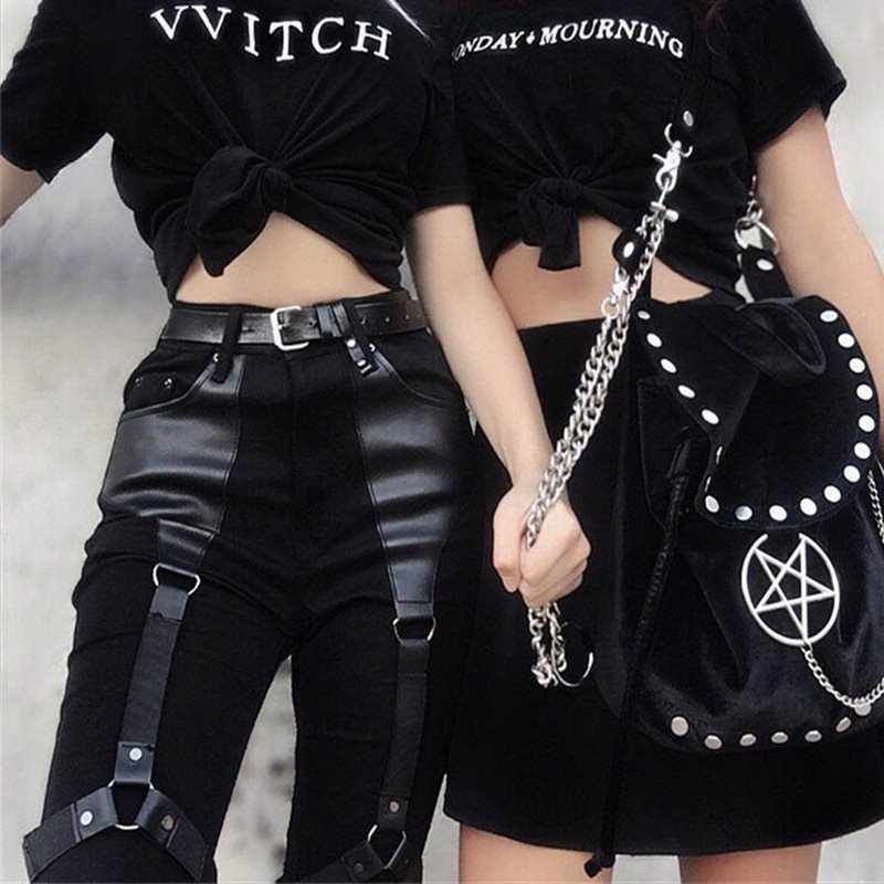 Gothic Punk Rock PU Leather Cargo Pants-women-wanahavit-Black-L-wanahavit