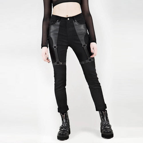 Gothic Punk Rock PU Leather Cargo Pants for women - wanahavit