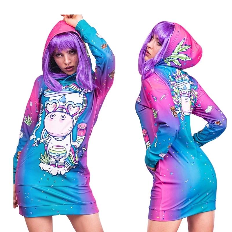 Funny Pullover Unicorn Print Pocket Hoodie Dress-women fashion-wanahavit-3-S-wanahavit
