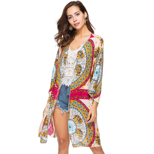 Load image into Gallery viewer, Mandala Geometric Print Long Kimono Chiffon Blouse-women-wanahavit-Print-One Size-wanahavit
