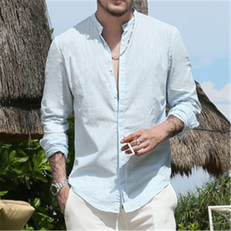 Casual Mandarin Cotton Long Sleeve Shirt #S2105-men-wanahavit-pink blue-S-wanahavit