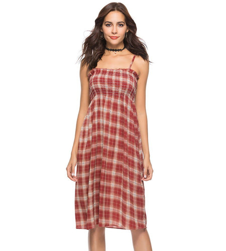 Casual Plaid Spaghetti Strap Dress-women-wanahavit-Red-L-wanahavit