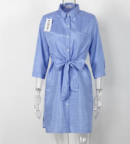 Collared Striped Wrap Dress with Bow Knot Belt-women-wanahavit-Blue-One Size-wanahavit