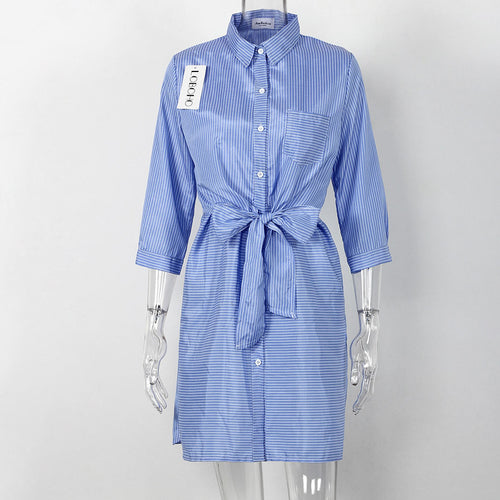 Load image into Gallery viewer, Collared Striped Wrap Dress with Bow Knot Belt-women-wanahavit-Blue-One Size-wanahavit

