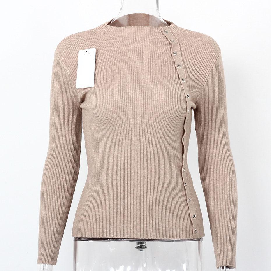 Side Button Designer Knitted Long Sleeve Sweater-women-wanahavit-Khaki-One Size-wanahavit