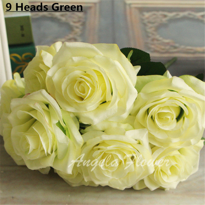 Artificial Decorative Silk Rose Bouquet-home accent-wanahavit-9 heads Green-wanahavit