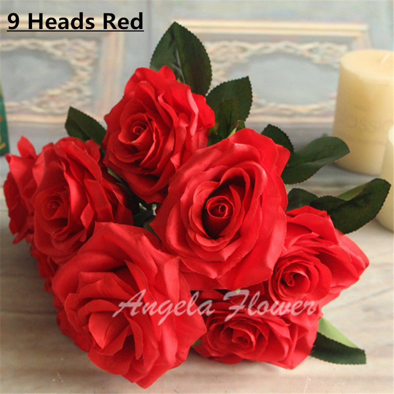 Artificial Decorative Silk Rose Bouquet-home accent-wanahavit-9 heads red-wanahavit