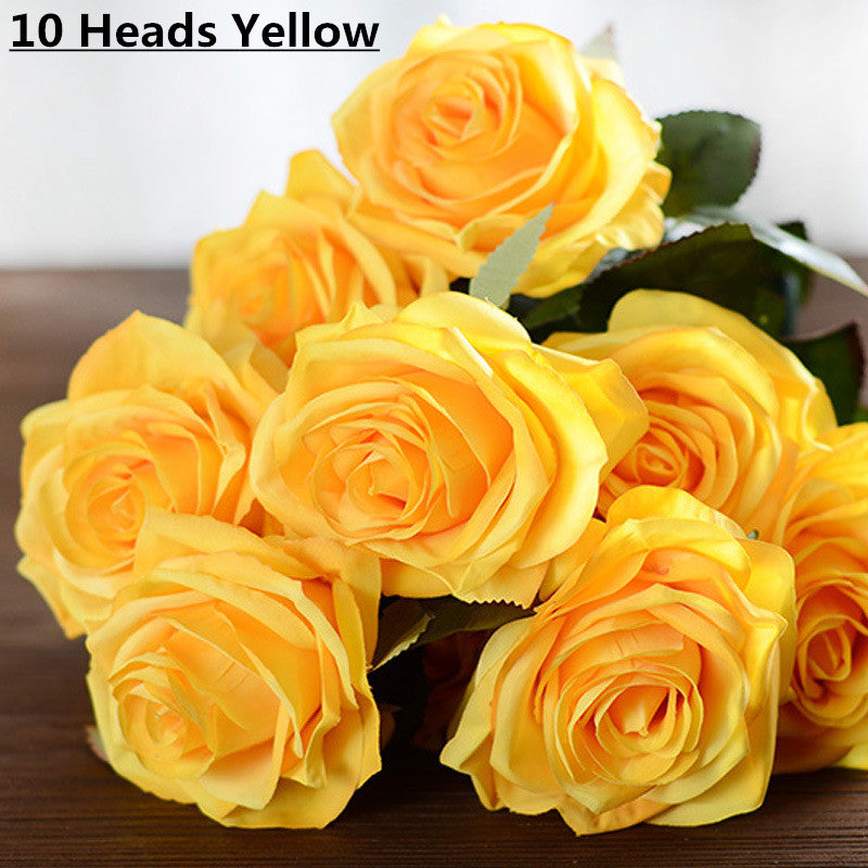 Artificial Decorative Silk Rose Bouquet-home accent-wanahavit-10 heads yellow-wanahavit