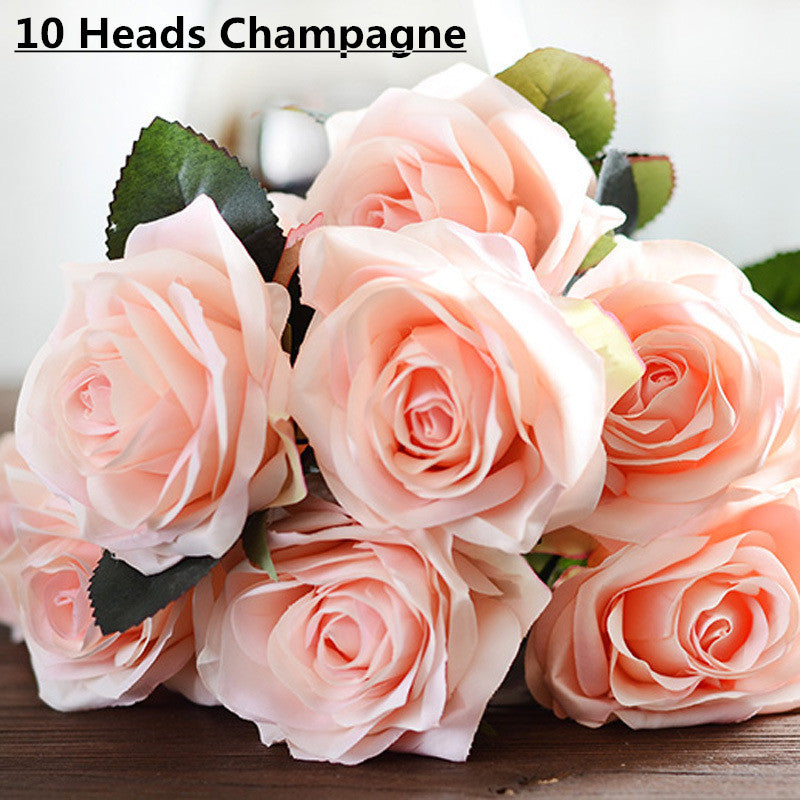 Artificial Decorative Silk Rose Bouquet-home accent-wanahavit-10 heads champagne-wanahavit