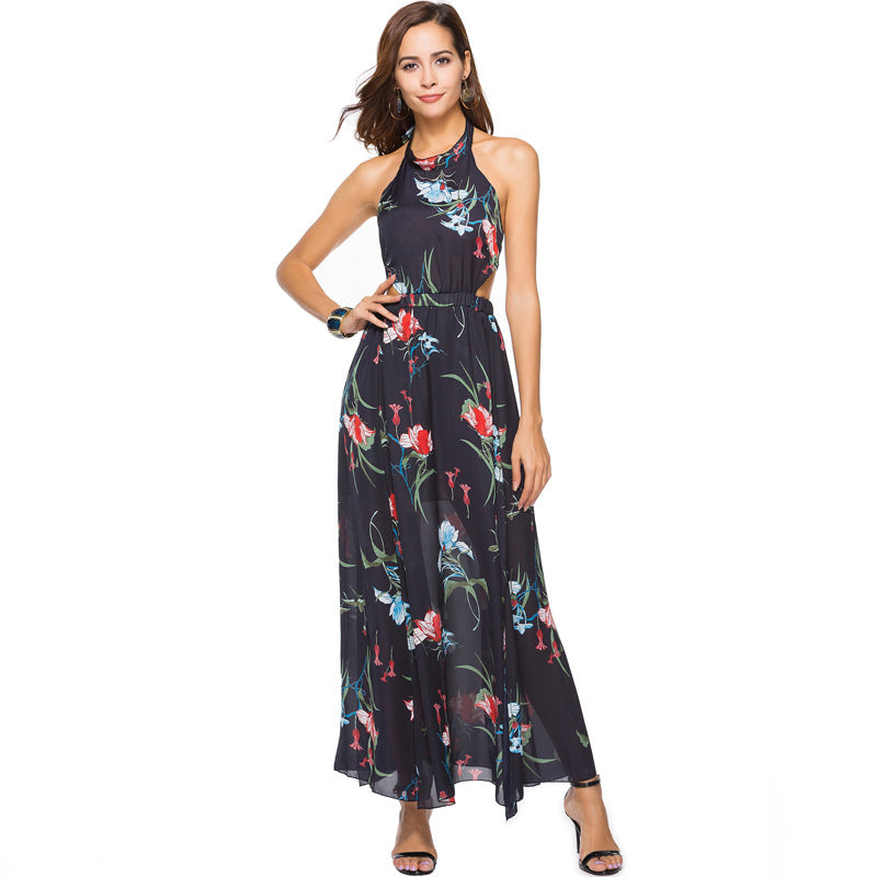 Backless Floral Printed Chiffon Maxi Long Dress for women - wanahavit