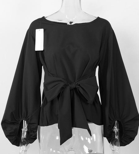 Chiffon Bow Knot Wrap Lantern Sleeve Blouse-women-wanahavit-Black-L-wanahavit