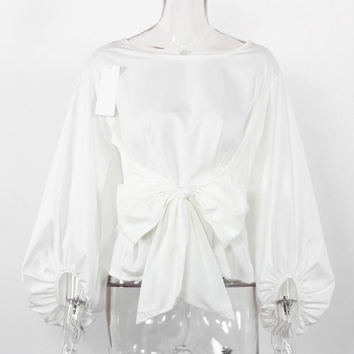 Load image into Gallery viewer, Chiffon Bow Knot Wrap Lantern Sleeve Blouse-women-wanahavit-White-L-wanahavit
