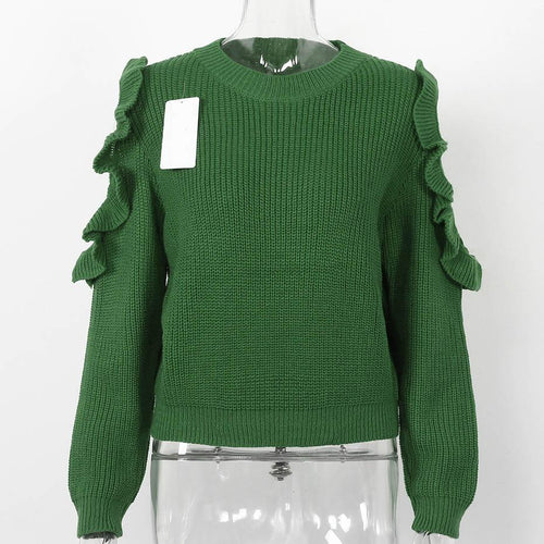 Load image into Gallery viewer, Cold Off Shoulder Ruffle Long Sleeve Knitted Sweater-women-wanahavit-Green-One Size-wanahavit
