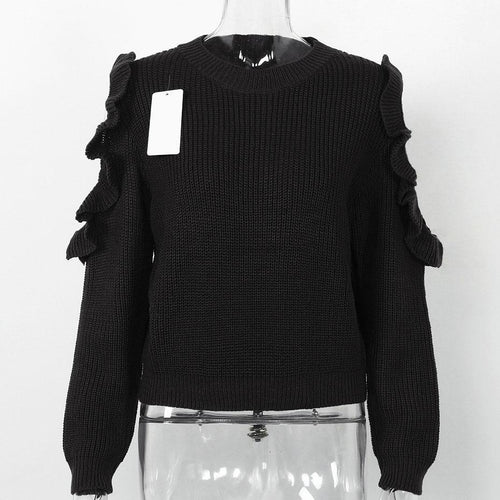 Load image into Gallery viewer, Cold Off Shoulder Ruffle Long Sleeve Knitted Sweater-women-wanahavit-Black-One Size-wanahavit
