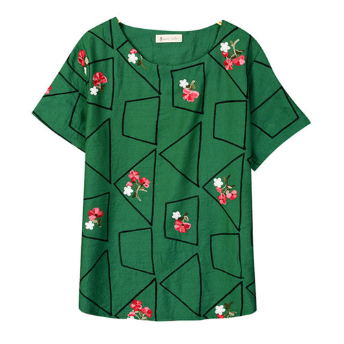 Load image into Gallery viewer, Embroidery Geometric &amp; Floral Tees-women-wanahavit-Green-One Size-wanahavit
