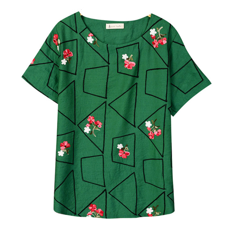 Embroidery Geometric & Floral Tees-women-wanahavit-Green-One Size-wanahavit