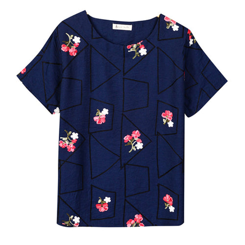 Load image into Gallery viewer, Embroidery Geometric &amp; Floral Tees-women-wanahavit-Blue-One Size-wanahavit
