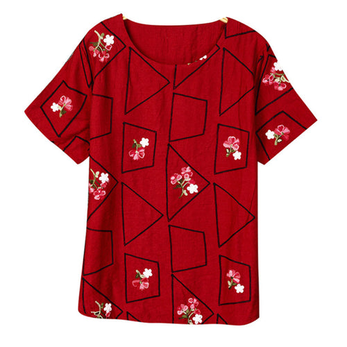 Load image into Gallery viewer, Embroidery Geometric &amp; Floral Tees-women-wanahavit-Wine red-One Size-wanahavit
