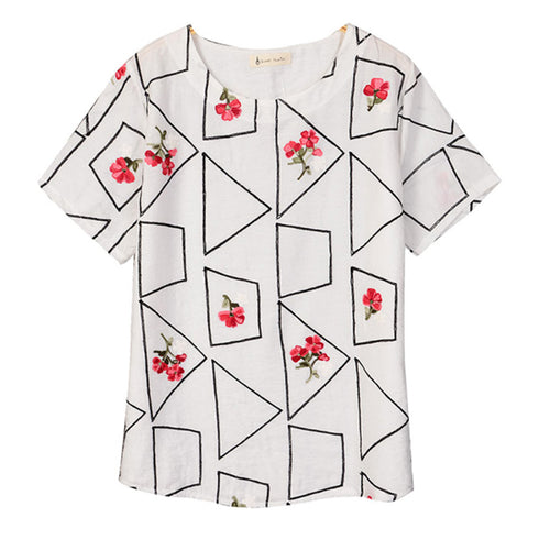 Load image into Gallery viewer, Embroidery Geometric &amp; Floral Tees-women-wanahavit-White-One Size-wanahavit
