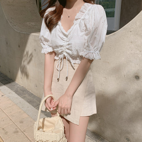 Load image into Gallery viewer, Embroidery Summer White Short sleeve Linen Cotton Mini Blouse Skirt
