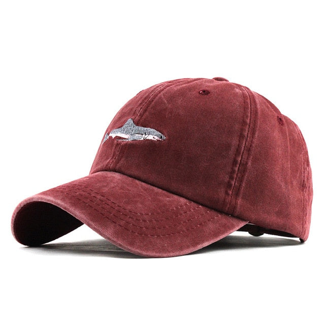 100% Washed Cotton Shark Embroidered Snapback Baseball Cap-unisex-wanahavit-F183 Red-Adjustable-wanahavit