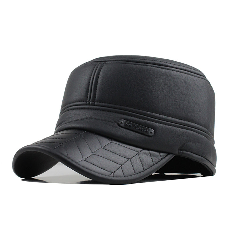 Faux Leather Military Cap with Ear Flaps-unisex-wanahavit-Black-wanahavit