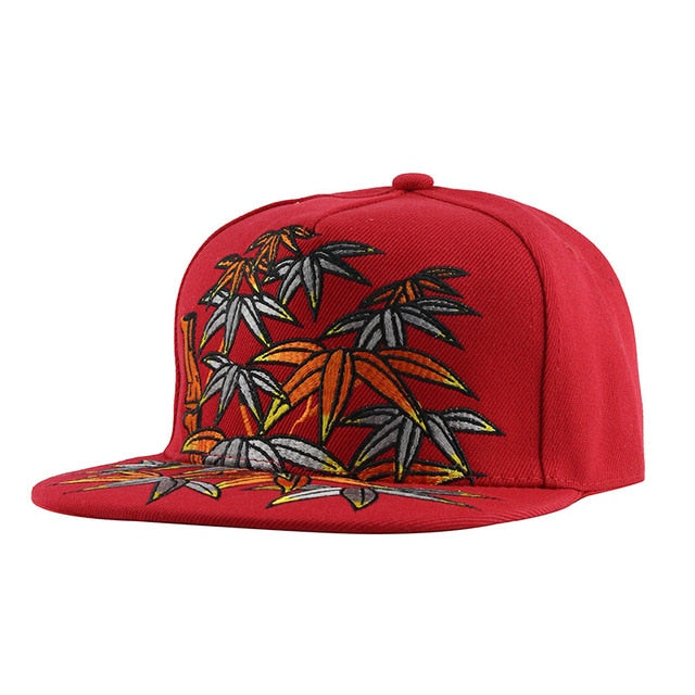 Bamboo Leaves Embroidery Street Style Snapback Hip Hop Cap-unisex-wanahavit-F138 Red-Adjustable-wanahavit