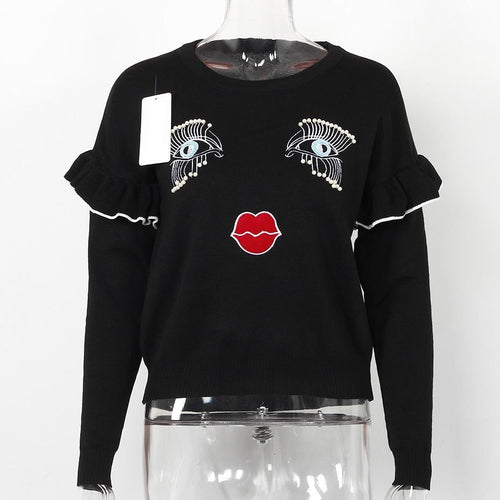 Load image into Gallery viewer, Embroidered Face with Beads Ruffles Long Sleeve-women-wanahavit-Black-One Size-wanahavit
