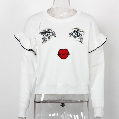 Load image into Gallery viewer, Embroidered Face with Beads Ruffles Long Sleeve-women-wanahavit-White-One Size-wanahavit
