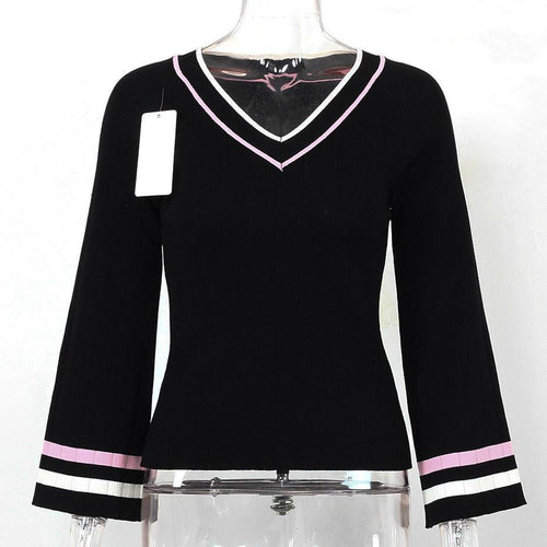 Load image into Gallery viewer, Flare Long Sleeve Striped Knitted Sweater-women-wanahavit-Black-One Size-wanahavit
