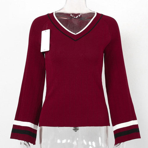 Load image into Gallery viewer, Flare Long Sleeve Striped Knitted Sweater-women-wanahavit-Red-One Size-wanahavit
