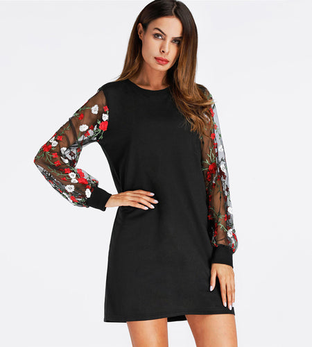 Floral Embroidery Lantern Sleeve Dress-women-wanahavit-Black-L-wanahavit