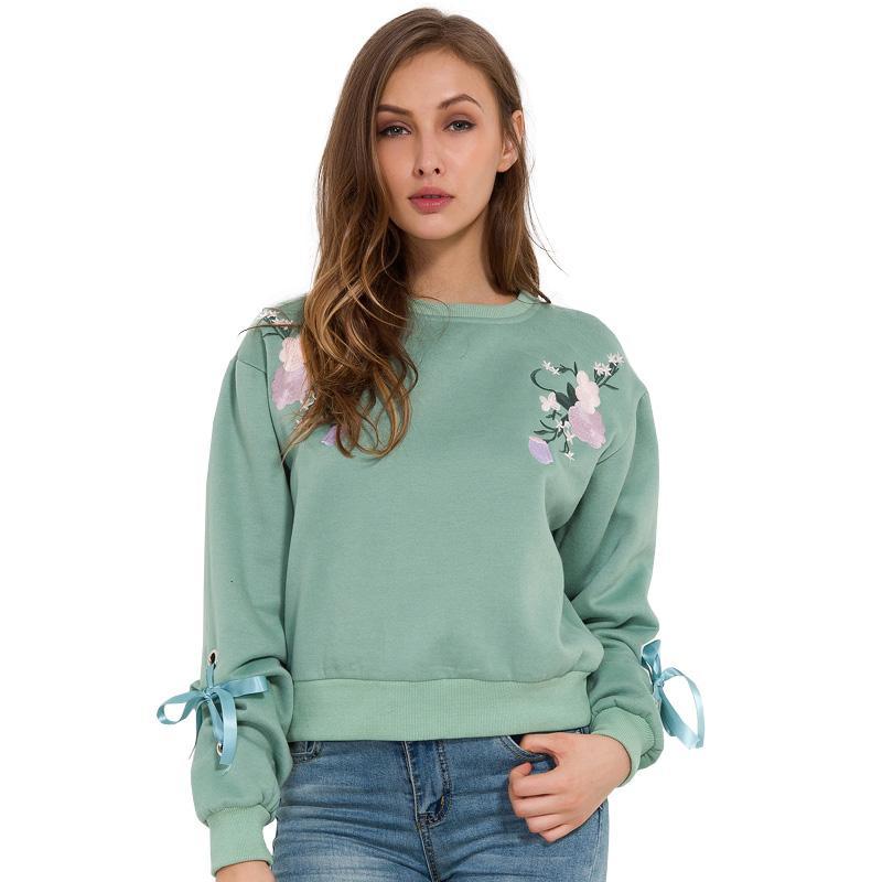 Floral Embroidery Ribbon Sleeve Sweatshirt-women-wanahavit-Green-L-wanahavit