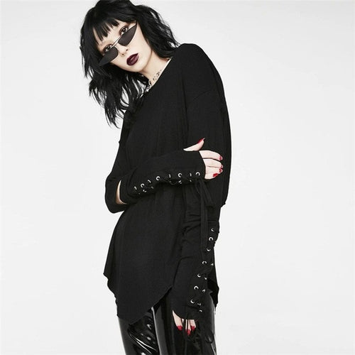 Load image into Gallery viewer, Gothic Asymmetric Hollow Lace up Backless Hooded Long Sleeve-women-wanahavit-Black-L-wanahavit
