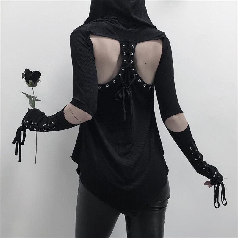 Gothic Asymmetric Hollow Lace up Backless Hooded Long Sleeve-women-wanahavit-Black-L-wanahavit
