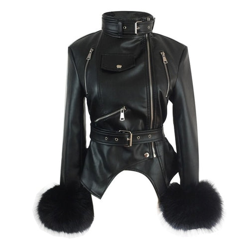 Load image into Gallery viewer, Gothic Faux Fox Fur Cuffs PU Leather Jacket-women-wanahavit-Black-L-wanahavit
