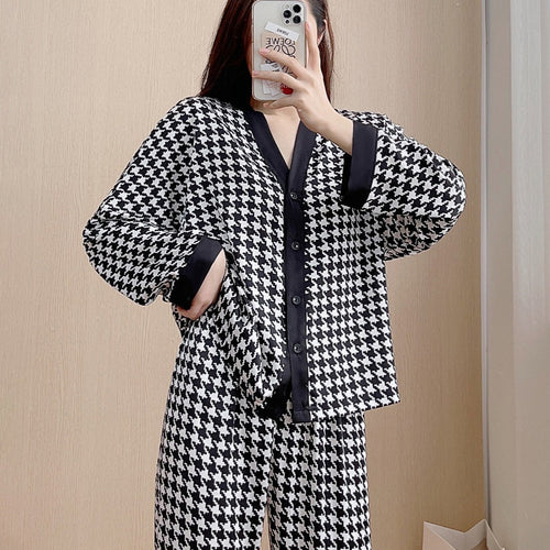 Load image into Gallery viewer, Autumn Women&#39;s Pajamas Houndstooth Sleepwear Fashion Style Silk Like Nightwear Casual V-neck Homewear Pyjamas Femme
