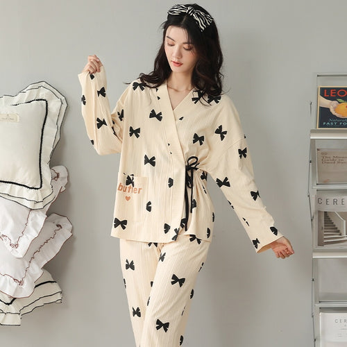 Load image into Gallery viewer, High Quality Women&#39;s Pajamas Set Kimono Ins Style Sleepwear Cotton Casual Homewear V Neck 2pcs Nightgown пижама женская
