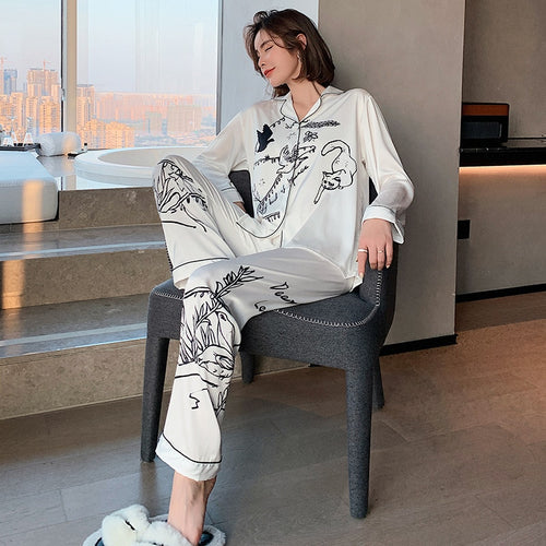 Load image into Gallery viewer, Women&#39;s Pajamas Set Luxury Style Fashion Natural Animal Graffiti Sleepwear Silk Like Leisure Home Clothes Nightwear
