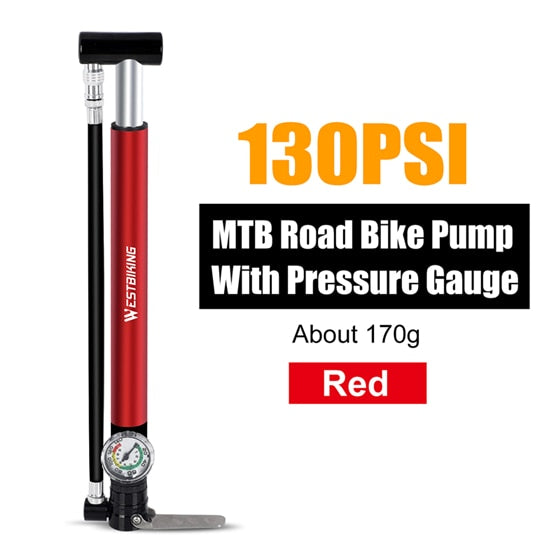 Alloy Bicycle Pump Hose Gauge Hand Foot Floor Bike Tire Pump 130PSI Cycling Air Inflator Presta Schrader Valve Pump