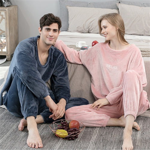 Load image into Gallery viewer, Women&#39;s Pajamas Set Thick Flannel Sleepwear Casual Warm Winter Coral Fleece Men Homewear Couple Homesuit пижама женская
