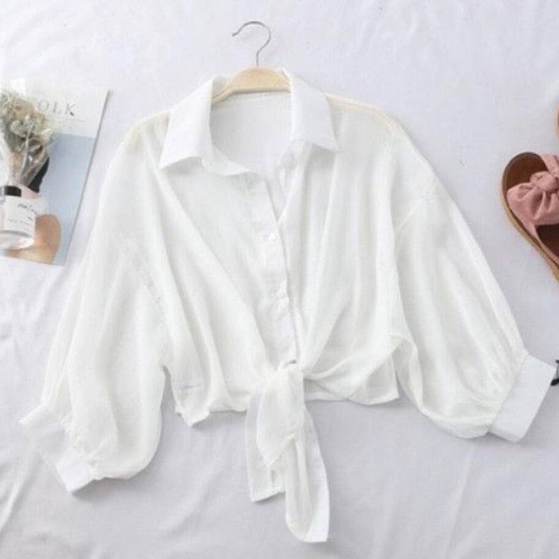 Chiffon Women New  Shirts Summer Half Sleeve Buttoned Up Loose Casual Sunny Shirts Female Tied Waist Elegant White Tops