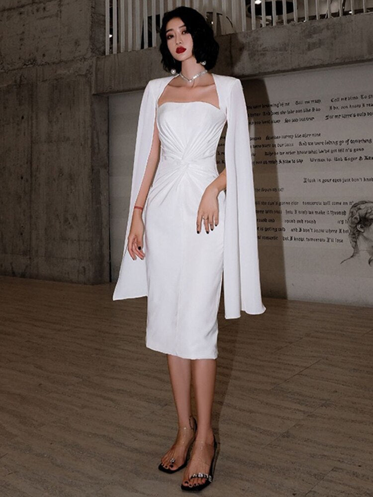 Casual White Dress For Women Square Collar High Waist Twist Front Solid Midi Dresses Female Korean Fashion Clothing