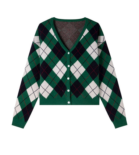 Autumn Women Argyle Knitted Cardigan Fashion Plaid Long Sleeve Casual V Neck Sweater Loose Green Korean Short Jacket