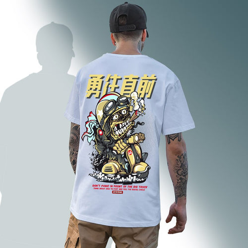 Load image into Gallery viewer, Street fashion brand traffic accident T-shirt motorcycle afraid of hip-hop personality European and American cartoon
