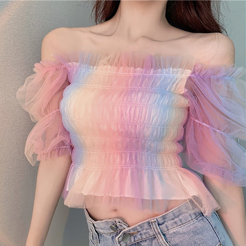 Load image into Gallery viewer, Cute Women Mesh Blouse Summer Puff Sleeve Fashion Rainbow Designed Slim Japan Crop Tops Casual Slim Ladies Blusas
