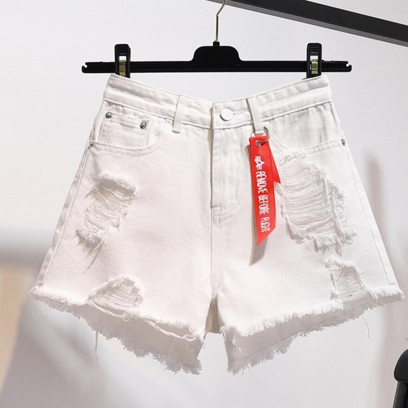 Large Size Ripped Denim Women Shorts Summer Tassel High Waist Black Distressed Jeans Korean Fashion Pure Cotton Street Wear