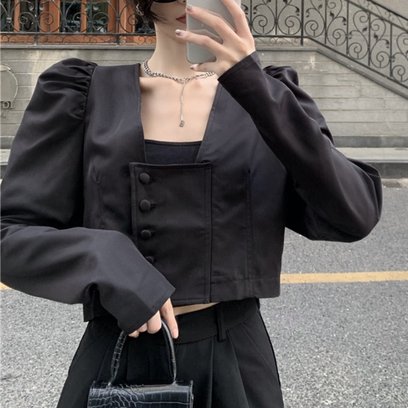 Elegant Women Shirts Autumn Fashion Square Collar Korean Puff Sleeve High Waist Crop Tops Single Breasted Female Shirt