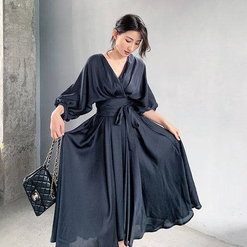 Load image into Gallery viewer, Elegant Chiffon Dress For Women V Neck Lantern Sleeve High Waist Korean Dresses Female Fashion Clothing Spring
