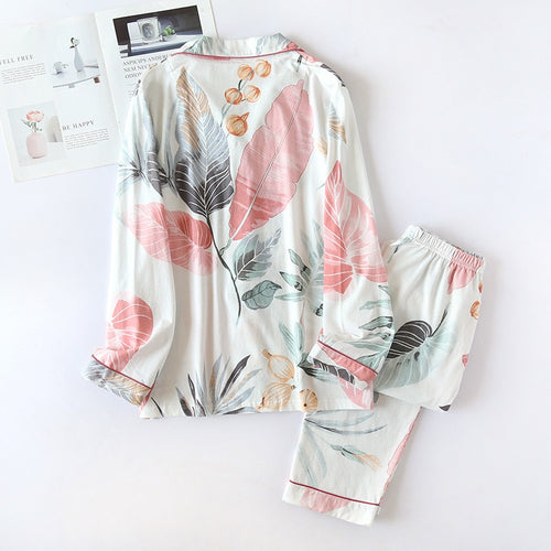 Load image into Gallery viewer, High Quality Women&#39;s Pajamas Set Fresh Leaves Print Sleepwear Natural Cotton Nightwear Leisure Home Clothes for Summer
